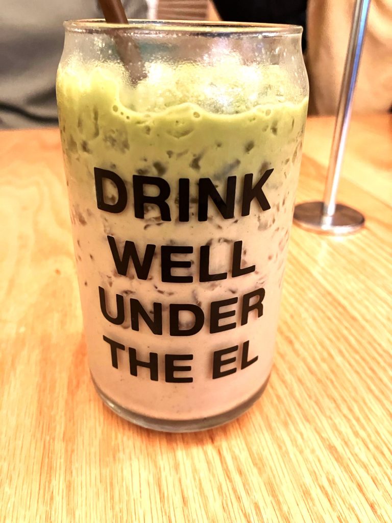 close up of an iced strawberry matcha