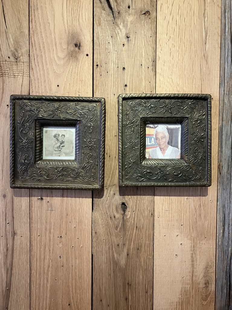 photo of woman and family on a wooden wall