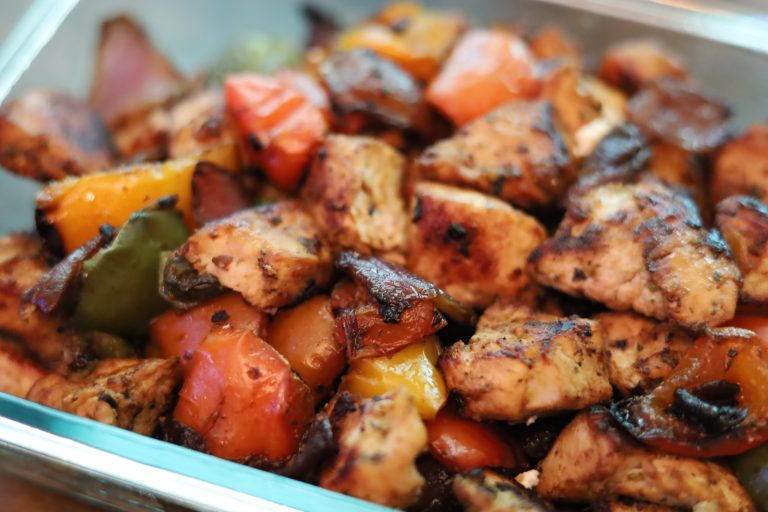 Easy Chicken, Bell Pepper, & Red Onion “Kebabs”
