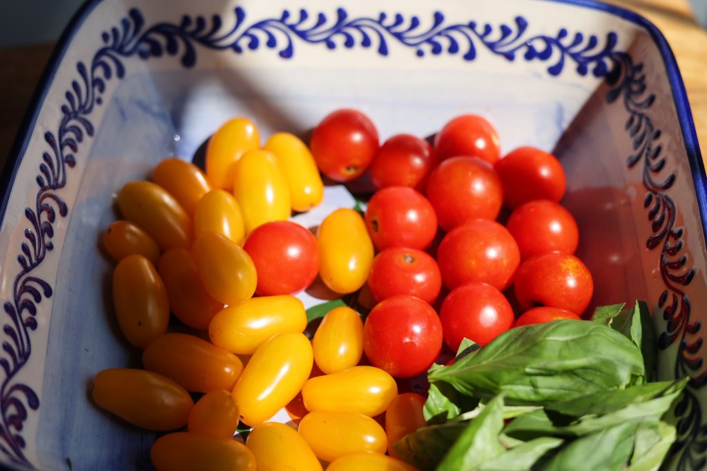 decorative bowl with fresh tomatoes and basil for ricotta toast recipe