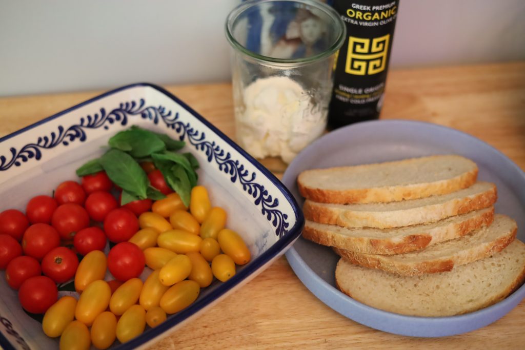 fresh tomatoes and basil, ricotta, bread and olive oil for cooking
